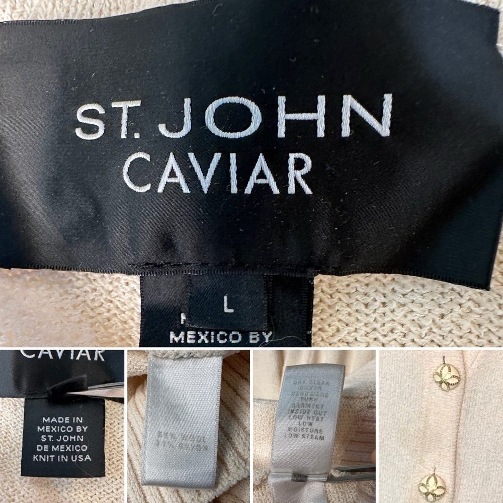 St. John Caviar Vintage Beige Knit Cardigan Gold Floral Buttons Classic Luxury M - Picture 7 of 12